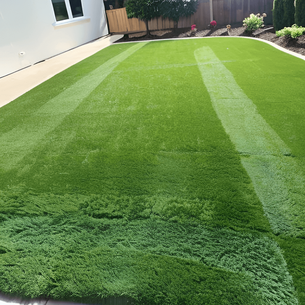 Long streaks in artificial turf, due to a second-story window reflection