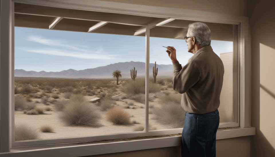 Borrego Springs resident checks out their windows to see if window screens are needed. 