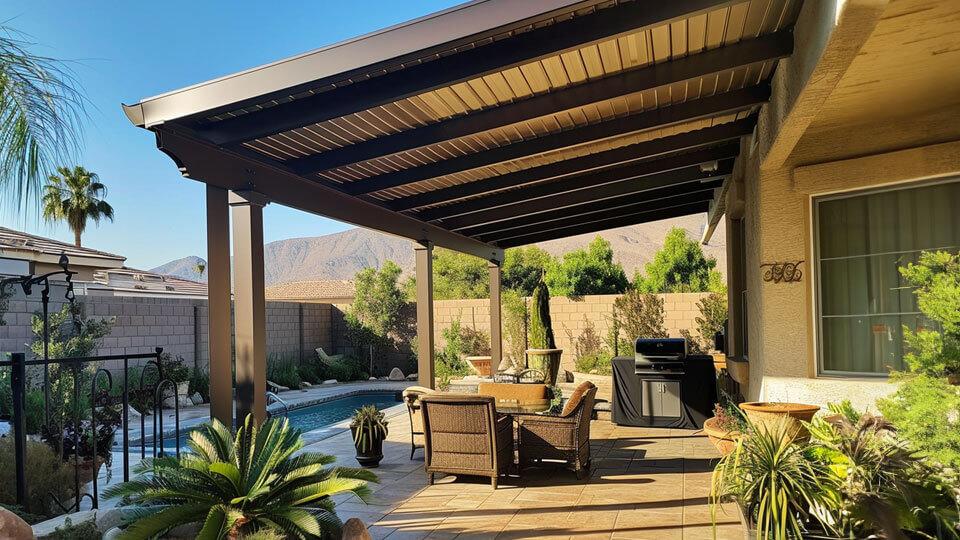 Aluminum Patio Cover with a natural, wood-colored finish