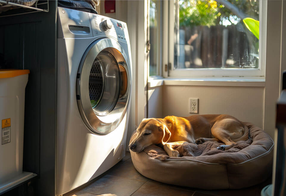 Resting dog enjoying a nap in favorite bed near the dryer