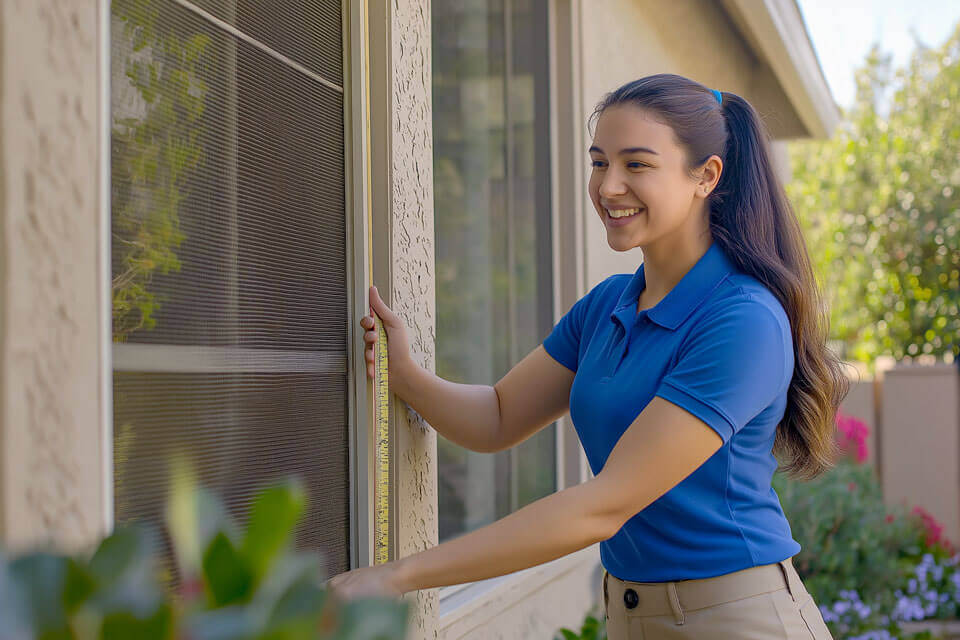 Female-window-screen-installer-measuring-a-window-screen