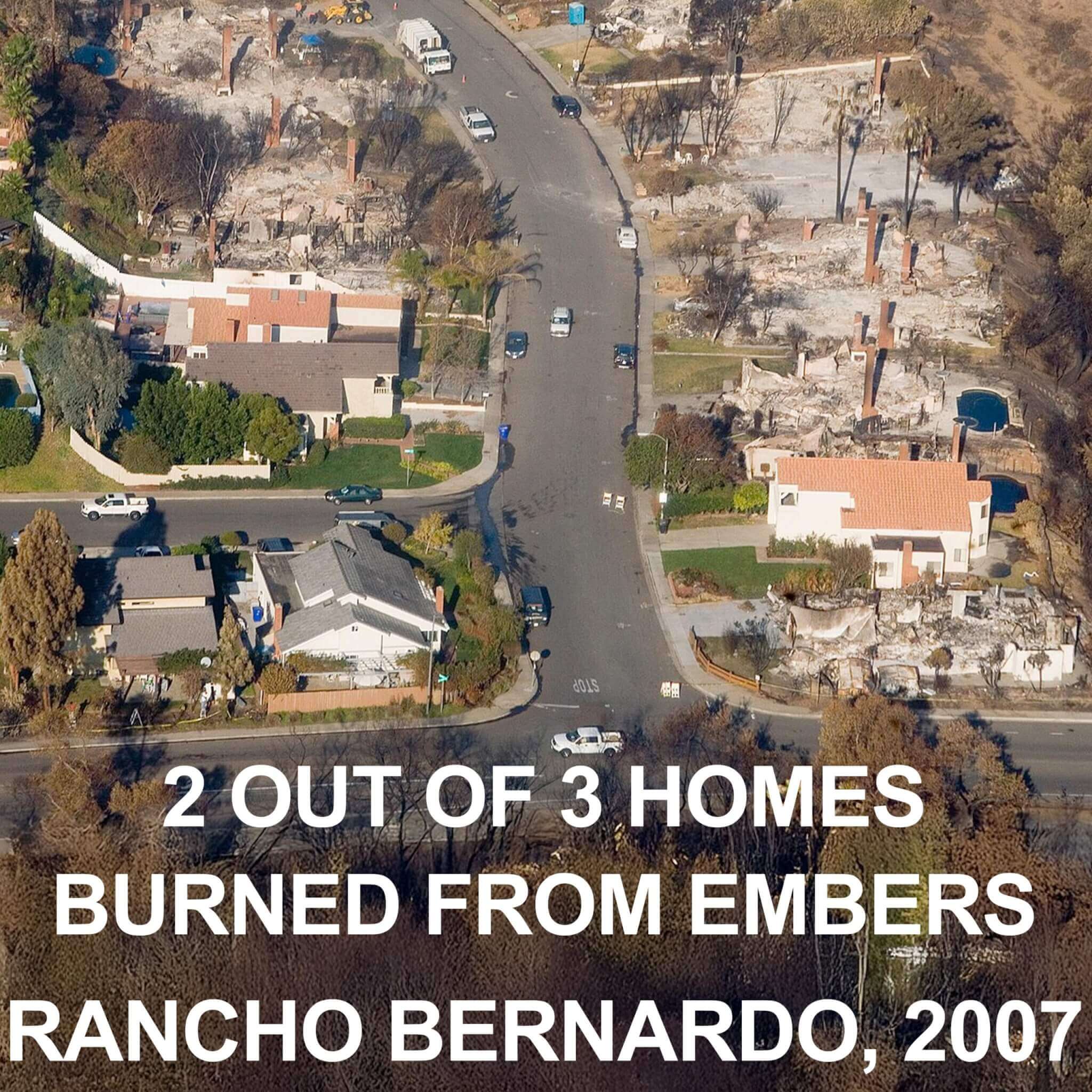 San Diego neighborhood damage showing that 2 out of 3 homes burn from embers